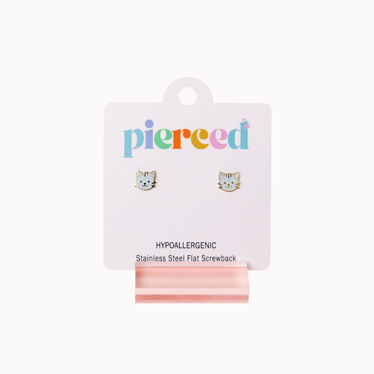 A pair of small cat-face stud earrings in stainless steel flat screwback style, mounted on a white display card with the brand name 'pierced' and text 'Hypoallergenic Stainless Steel Flat Screwback'.