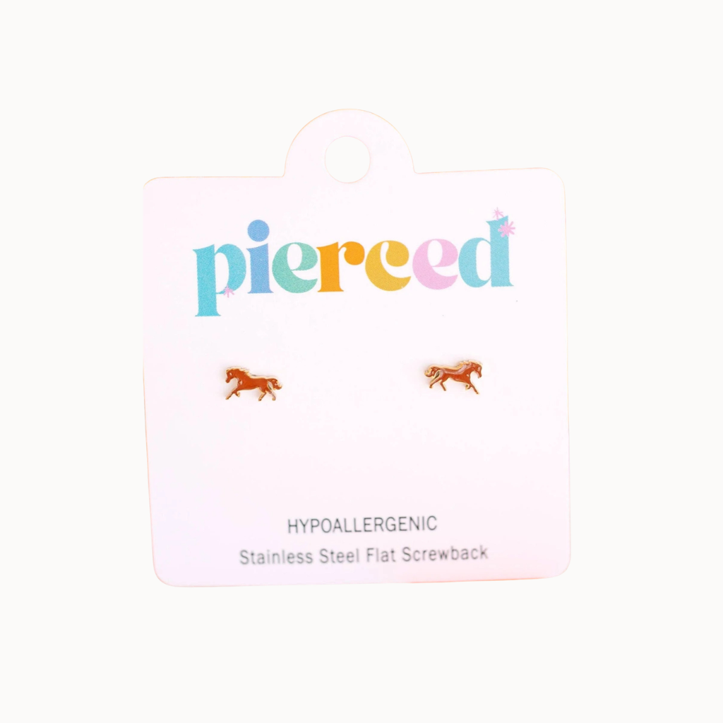 A pair of small horse stud earrings on a pink display card. The card has the brand name 'pierced' in colorful letters at the top and text reading 'Hypoallergenic Stainless Steel Flat Screwback' below.
