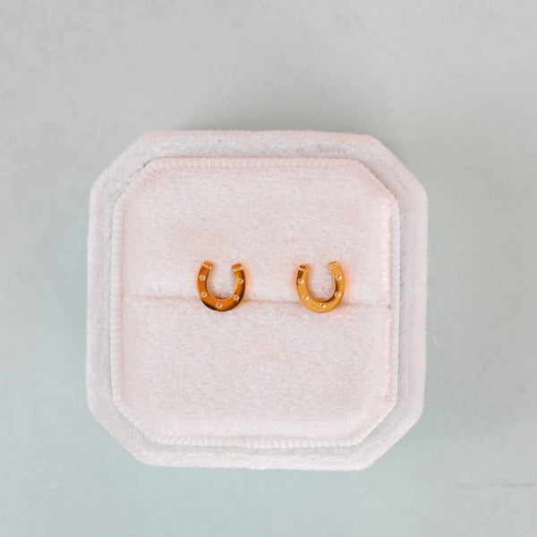 Gold horseshoe-shaped earrings on a pink jewelry display box against a light gray background