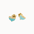 A pair of gold-tone menorah stud earrings with light blue enamel details, shown on a solid off white background.