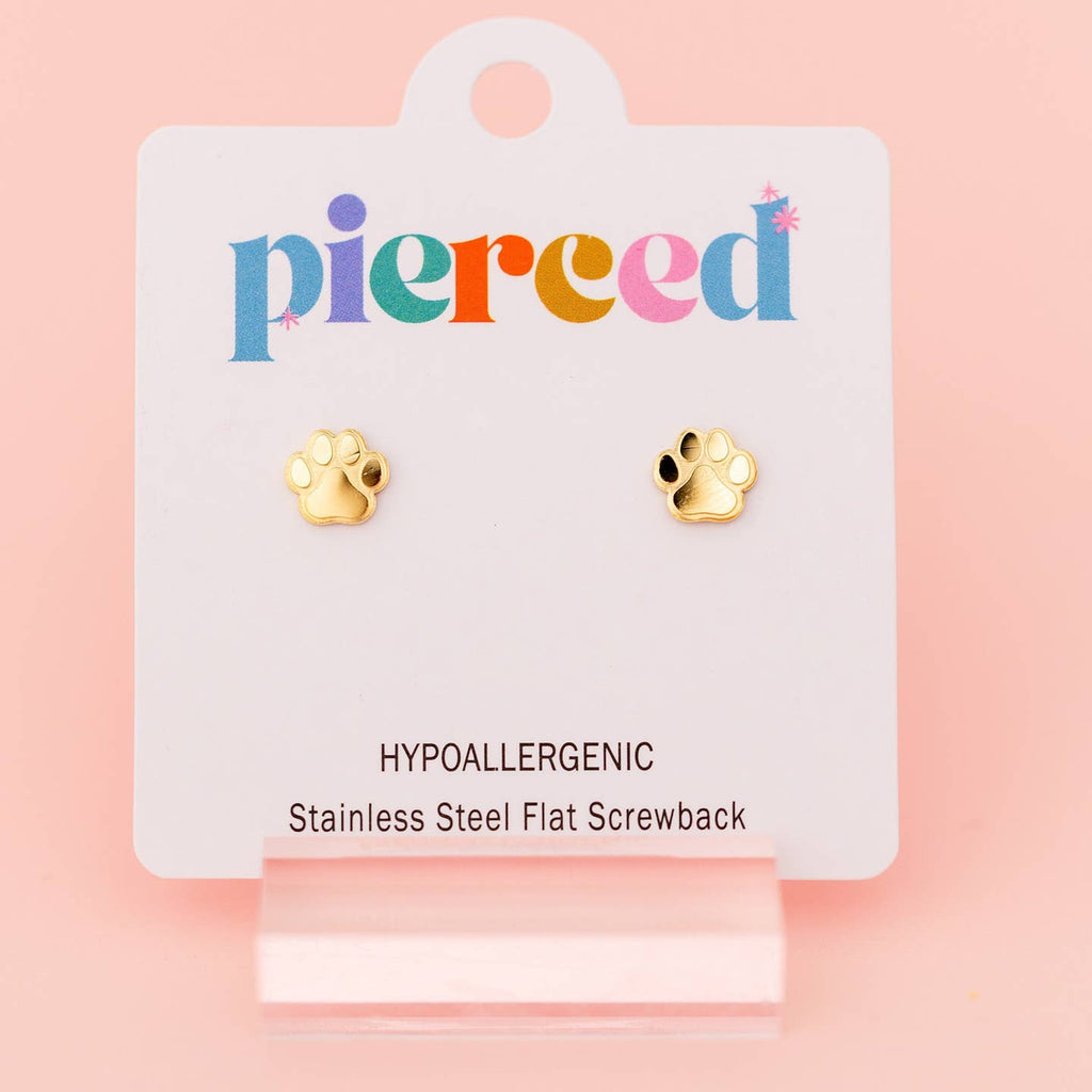 Gold paw-shaped earrings on a 'pierceed' branded card with a pink background
