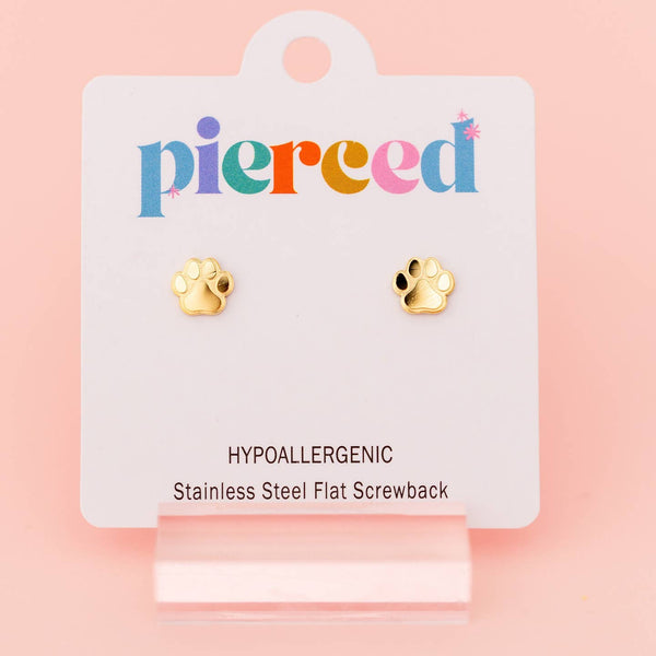 Gold paw-shaped earrings on a 'pierceed' branded card with a pink background
