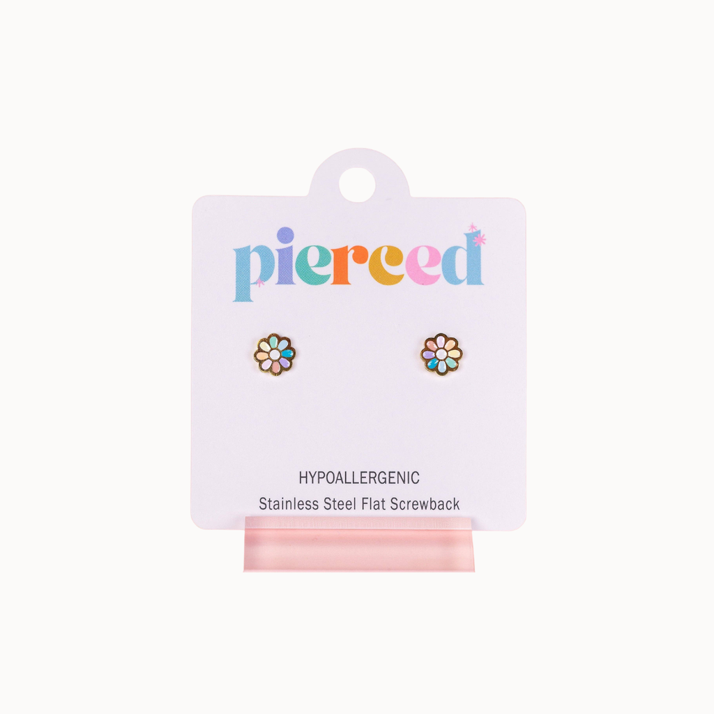 A pair of small flower-shaped stud earrings with multicolored petals and silver flat backings, displayed on a white card labeled 'pierced' against a light gray background.