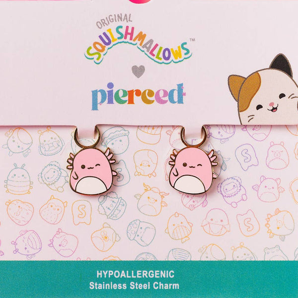 Squishmallows earrings on a branded packaging with a pink background