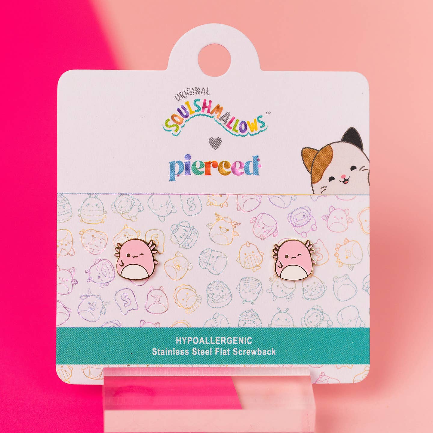 Squishmallows earrings packaging with pink background