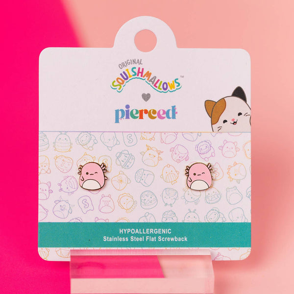 Squishmallows earrings packaging with pink background