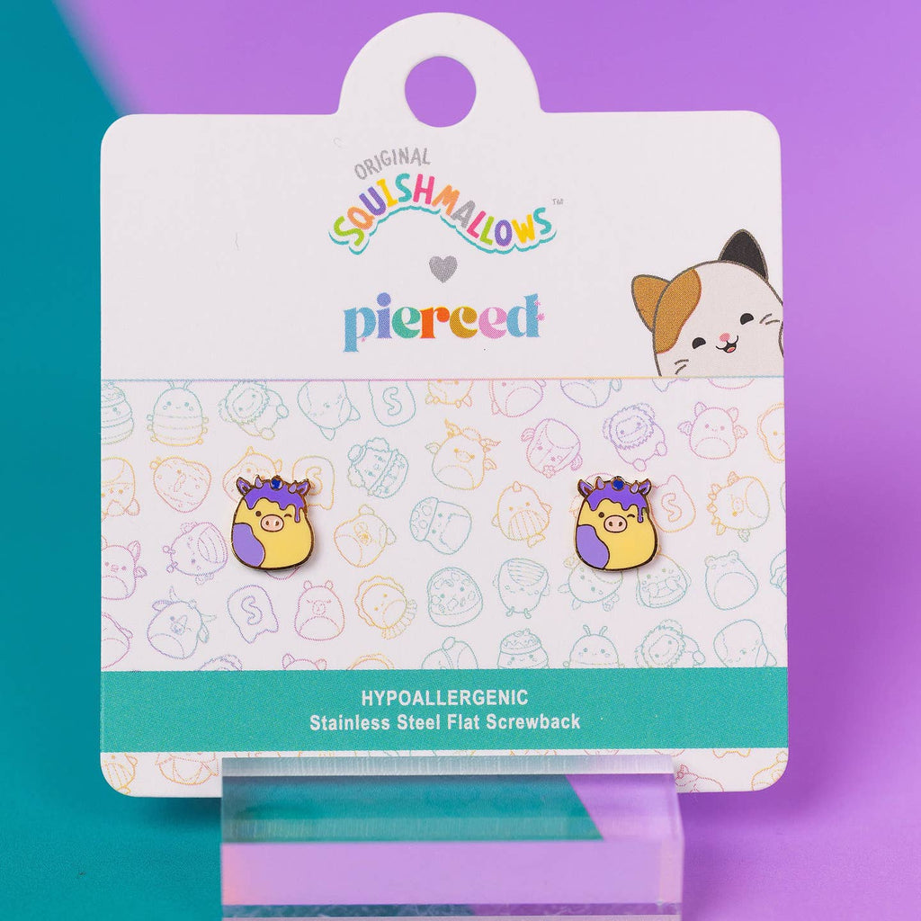 Squishmallows earrings on a branded card with a colorful background