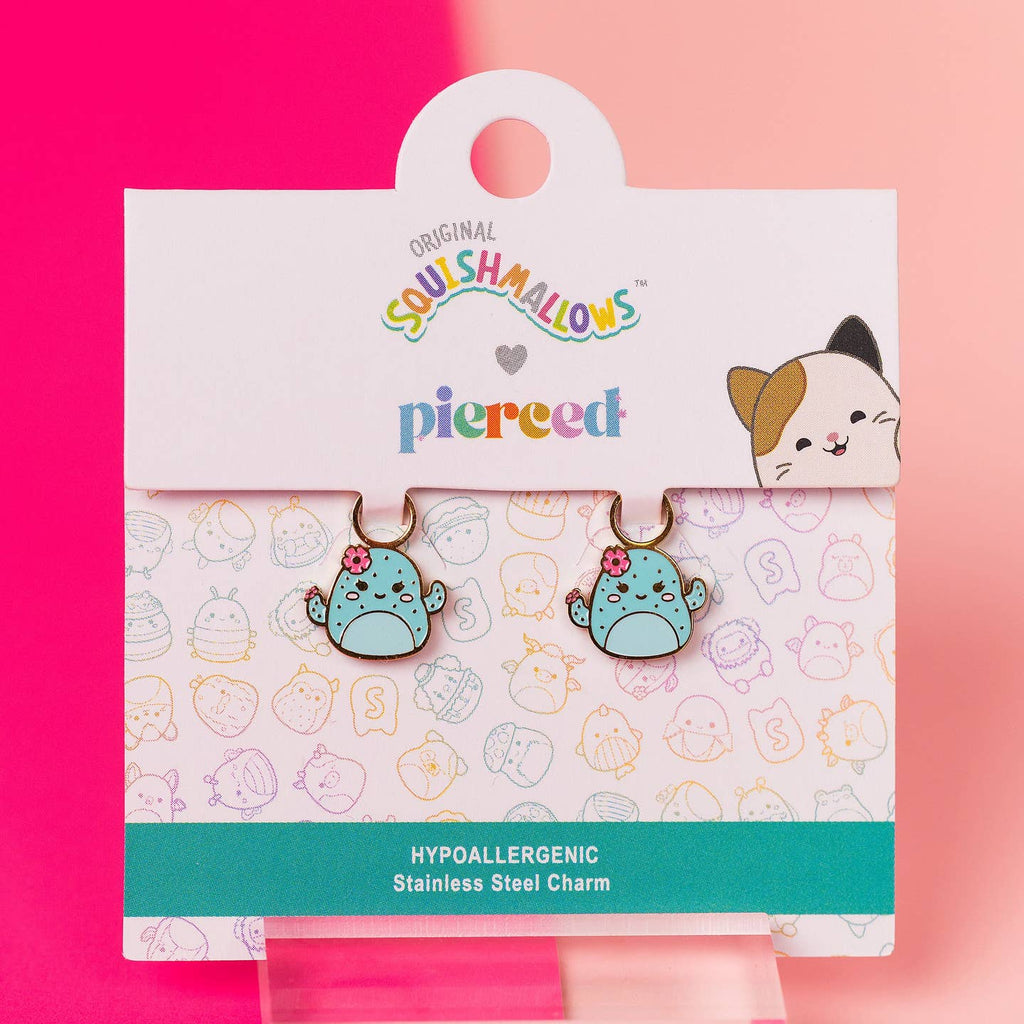 Squishmallows earrings in packaging with pink and white background