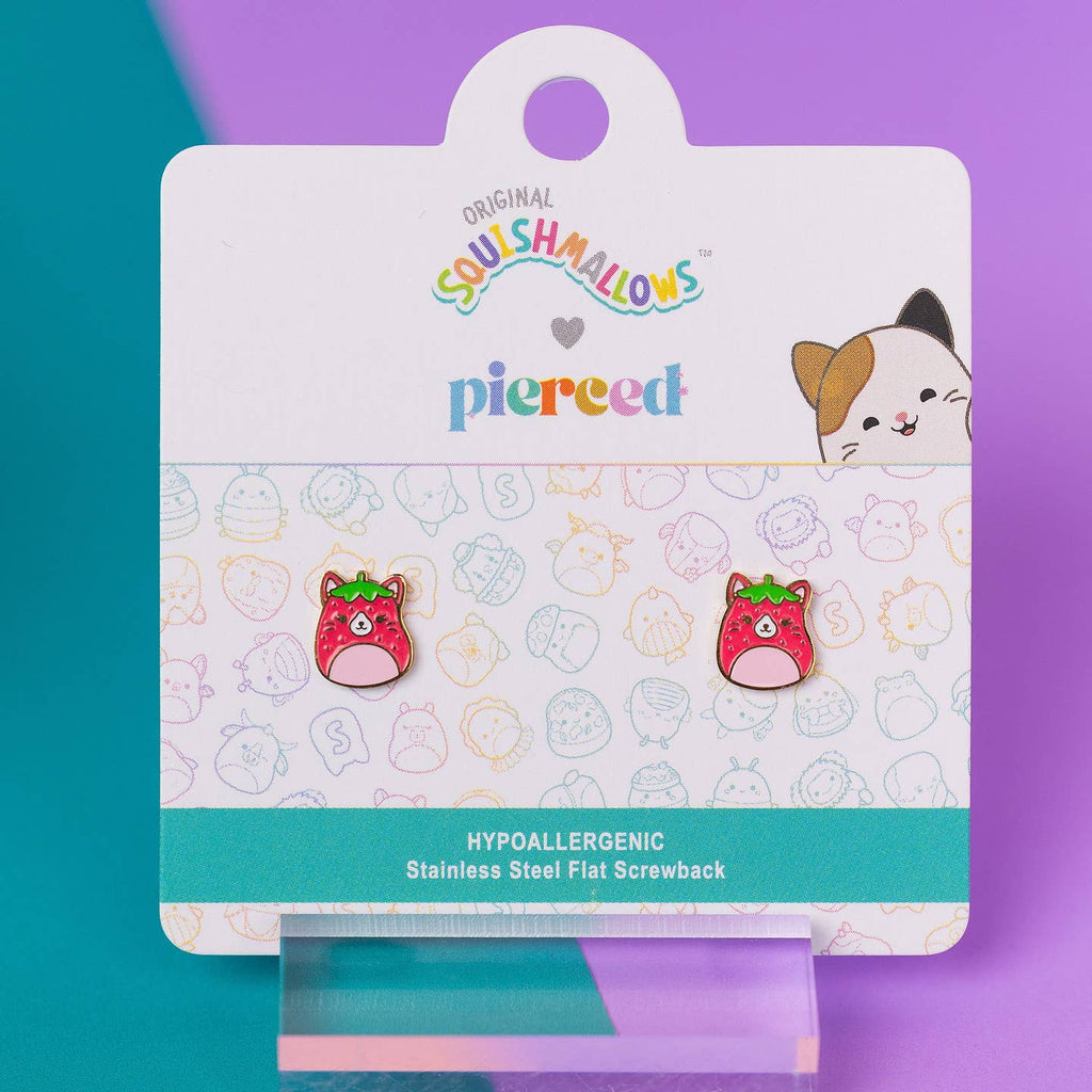 Squishmallows earrings on a branded card with a colorful background