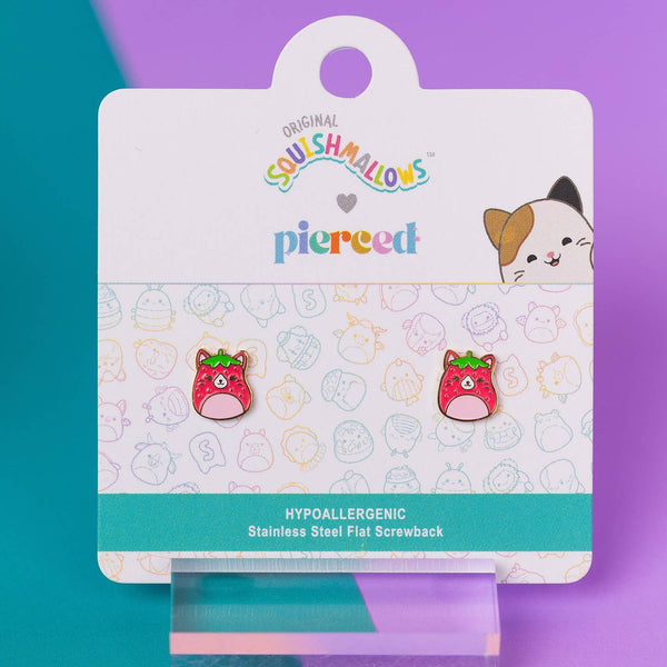 Squishmallows earrings on a branded card with a colorful background