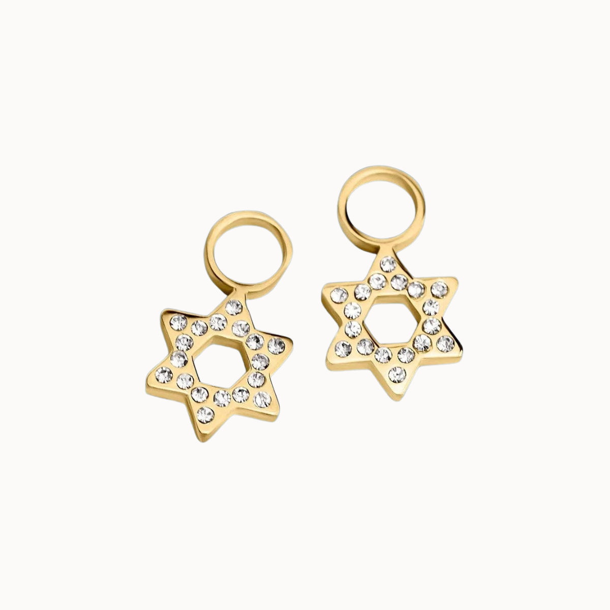 A pair of gold Star of David earrings embellished with clear rhinestones, shown on a clean off-white background.