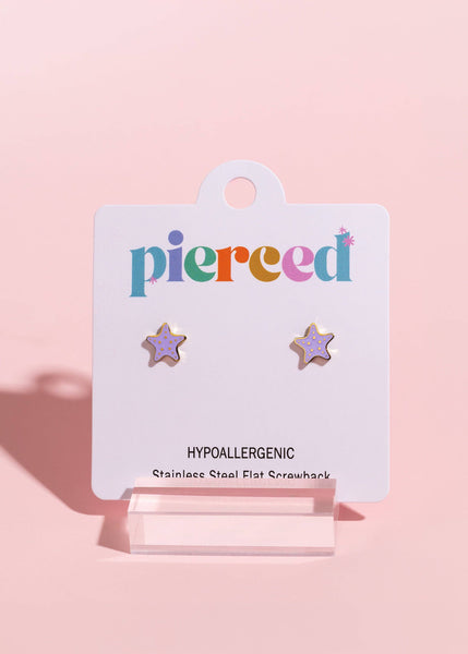 Star-shaped earrings on a 'pierced' branded card against a pink background