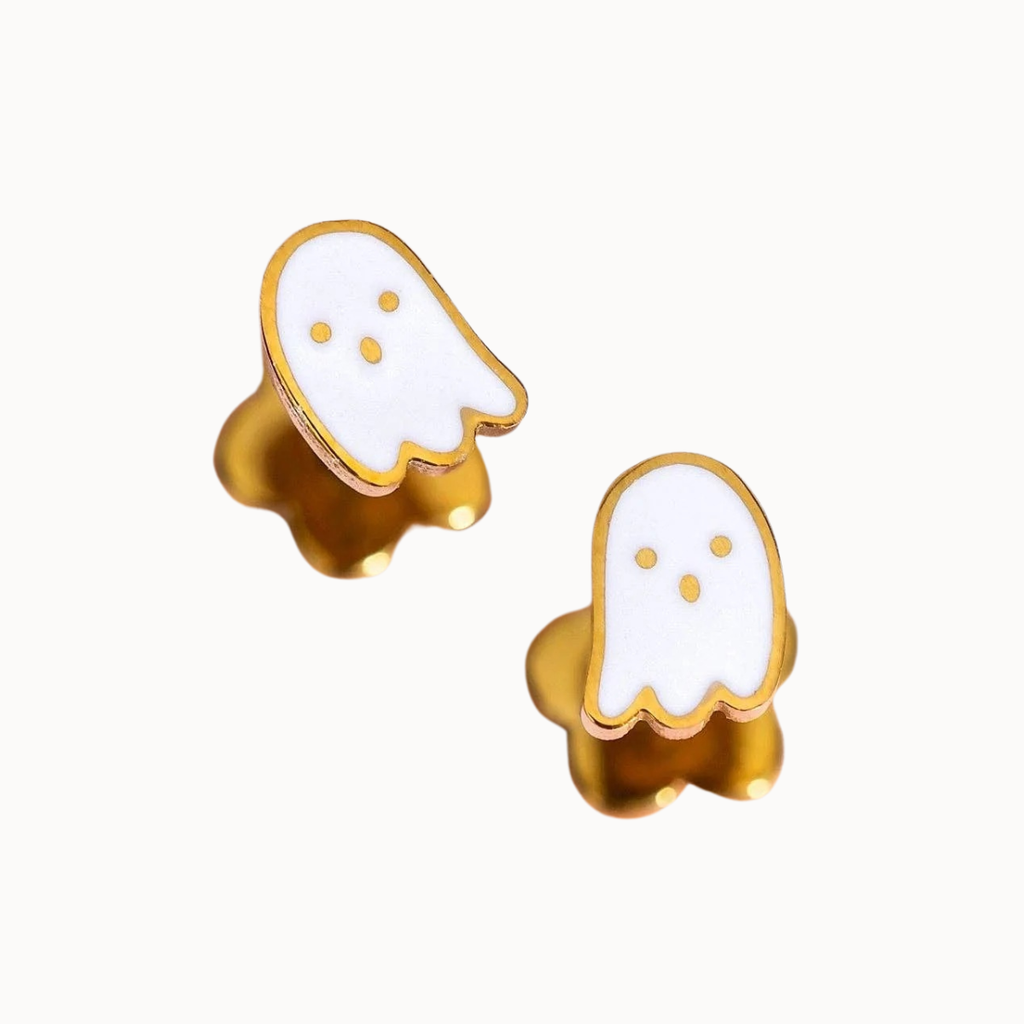 A pair of gold and white ghost-shaped stud earrings on a clean white background.