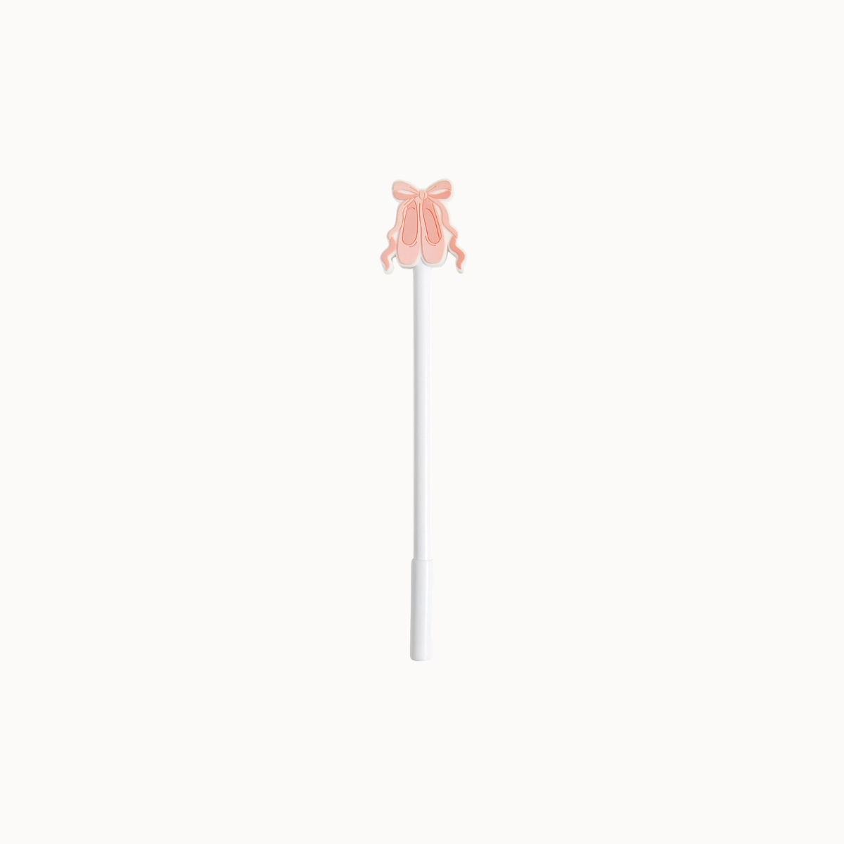 A white wand with a small pale pink ribbon bow on the top, centered against a solid off-white background.