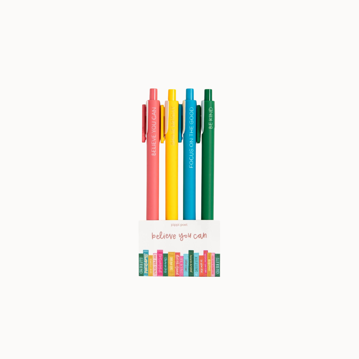 Four gel pens in coral pink, yellow, light blue, and green, displayed vertically on a white backing card with the text 'focus pen' and 'believe you can' against a plain white background.