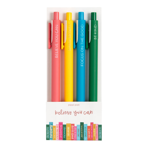 Set of colorful pens with motivational phrases on a white background