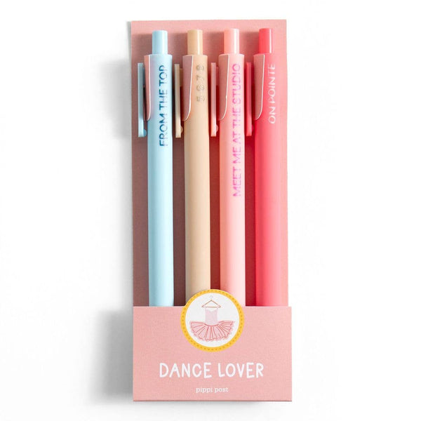 Set of four pens in different colors with a pink packaging box labeled 'Dance Lover'.
