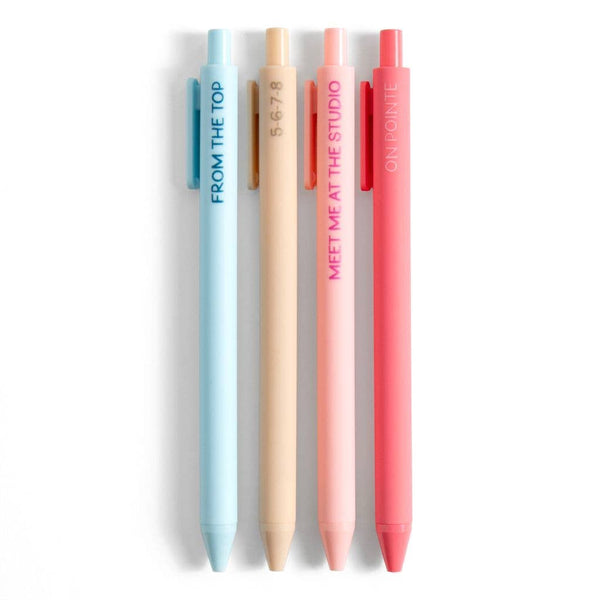 Four colorful pens with text on a white background