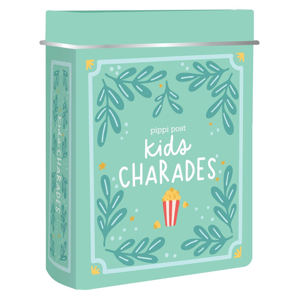 Teal box of 'kids Charades' game by pippi post on a white background