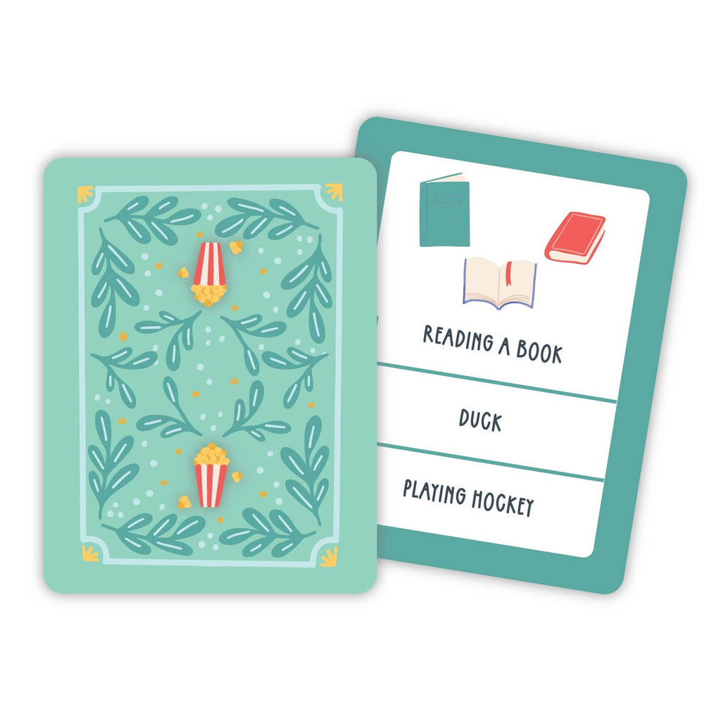 Two playing cards with one showing a decorative design and the other with text and icons.