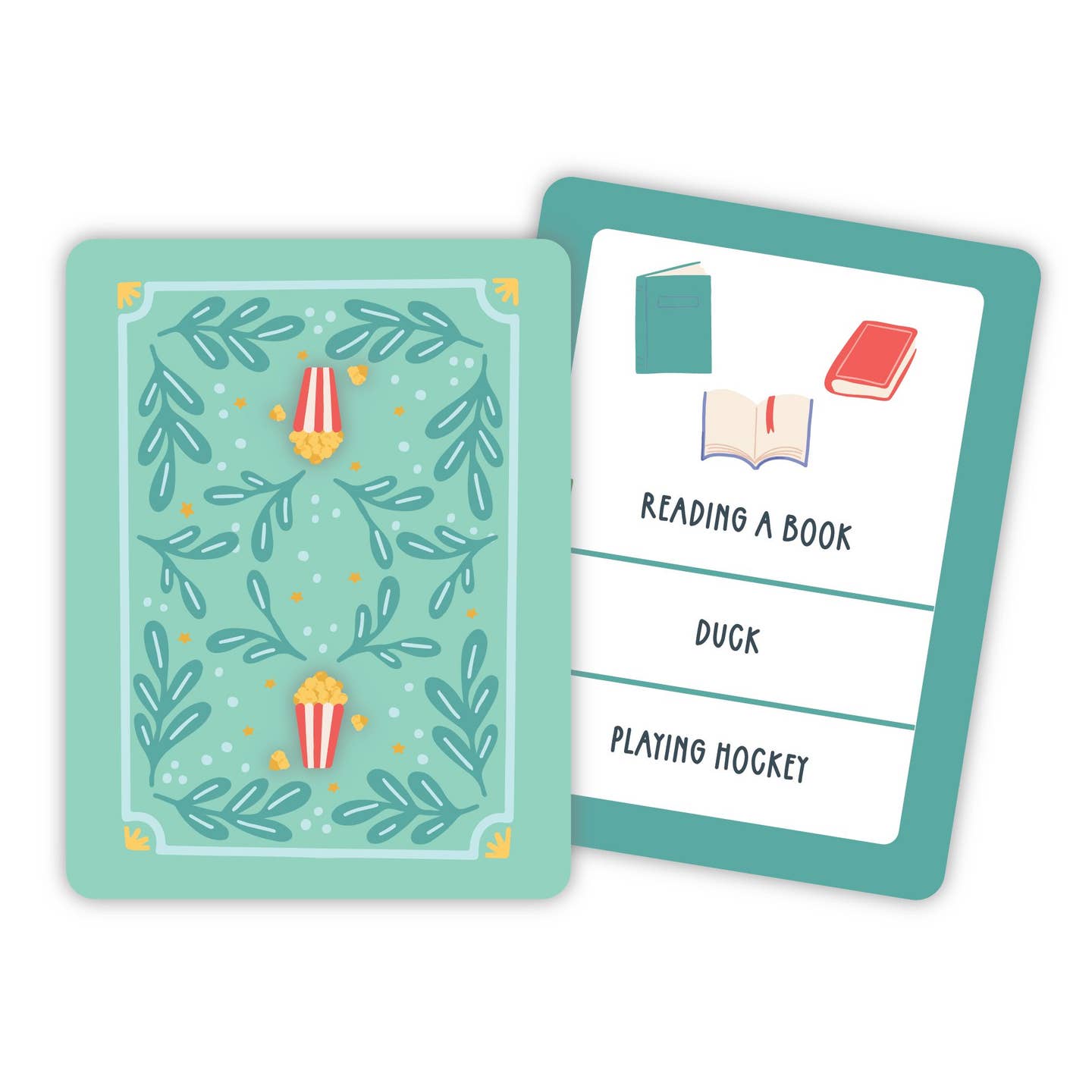 Two playing cards with one showing a decorative design and the other with text and icons.