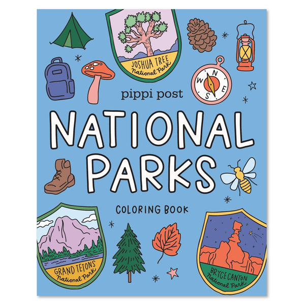 Coloring book cover titled 'National Parks' by Pippi Post with illustrations of nature-themed icons on a blue background.