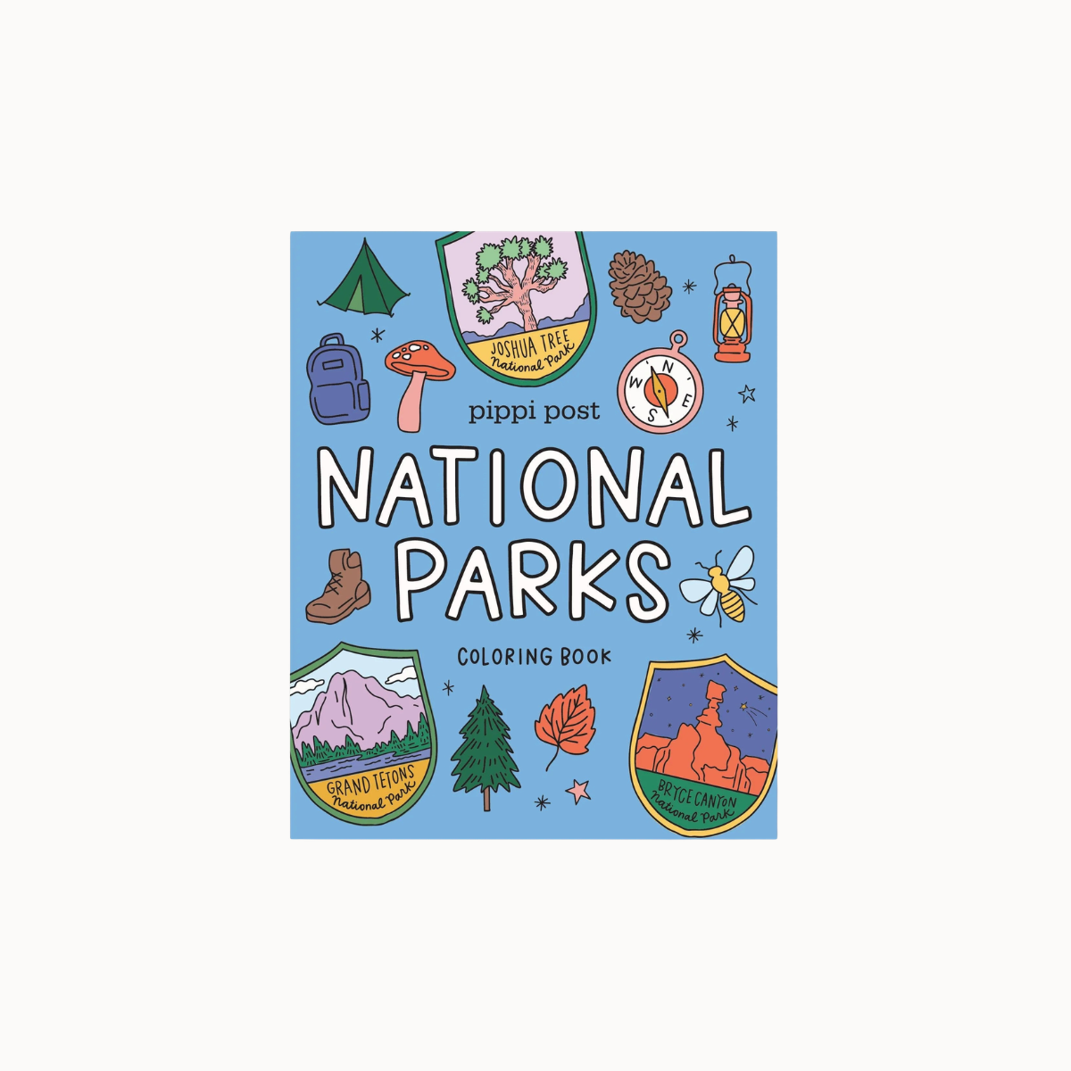 National Parks Coloring Book by Pippi Post, featuring a light blue cover decorated with various colorful national park illustrations including a tent, mountain, pine tree, and campfire.