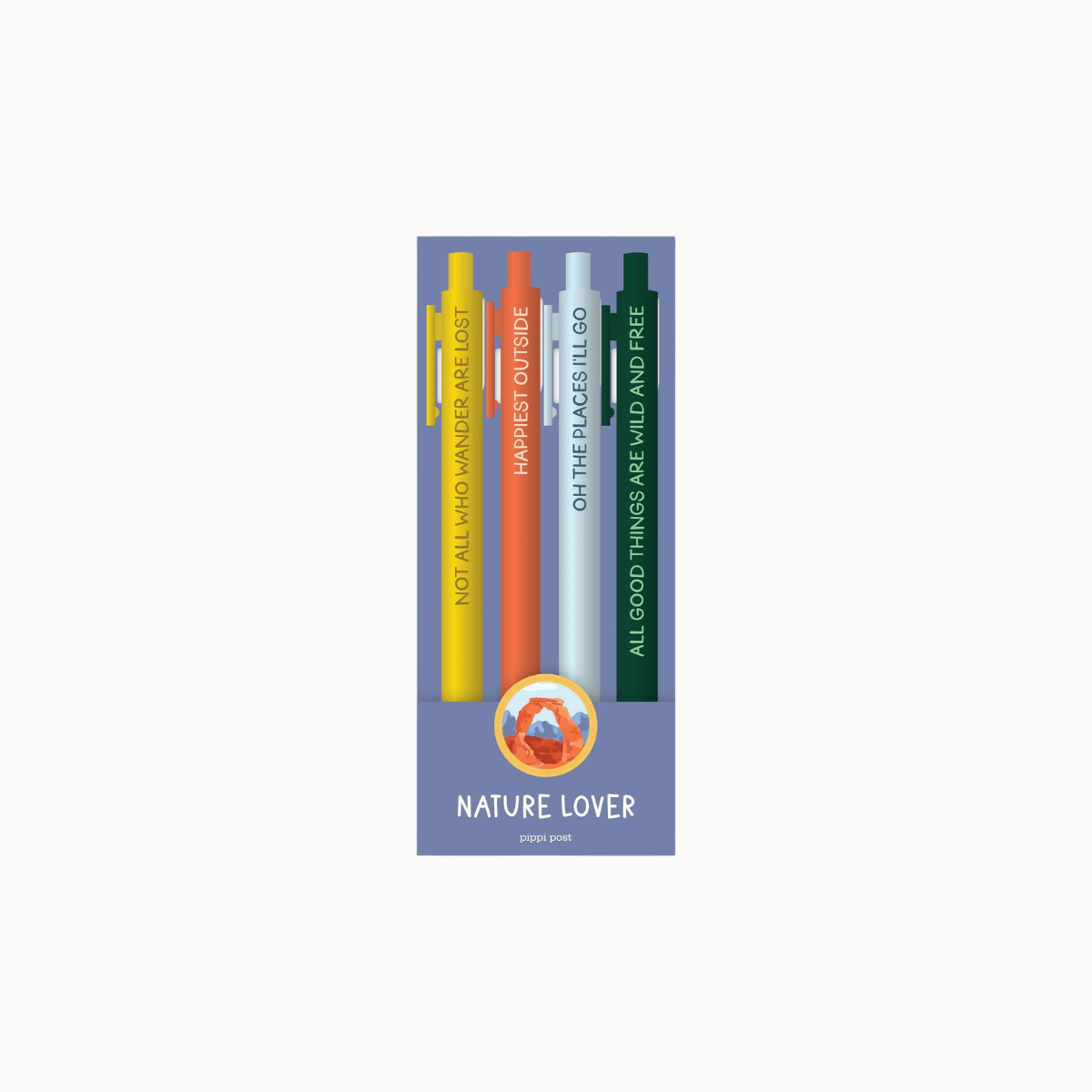 A set of four vertical pens in yellow, orange, light blue, and dark green, printed with inspirational nature-themed quotes. They are displayed on a lavender card with a circular logo that reads 'NATURE LOVER' and a small website URL underneath.