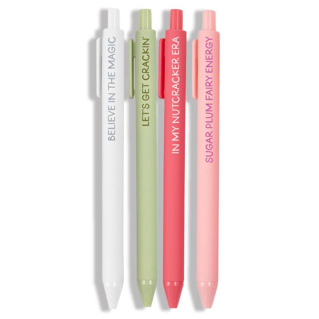 Four colorful pens with text on a white background