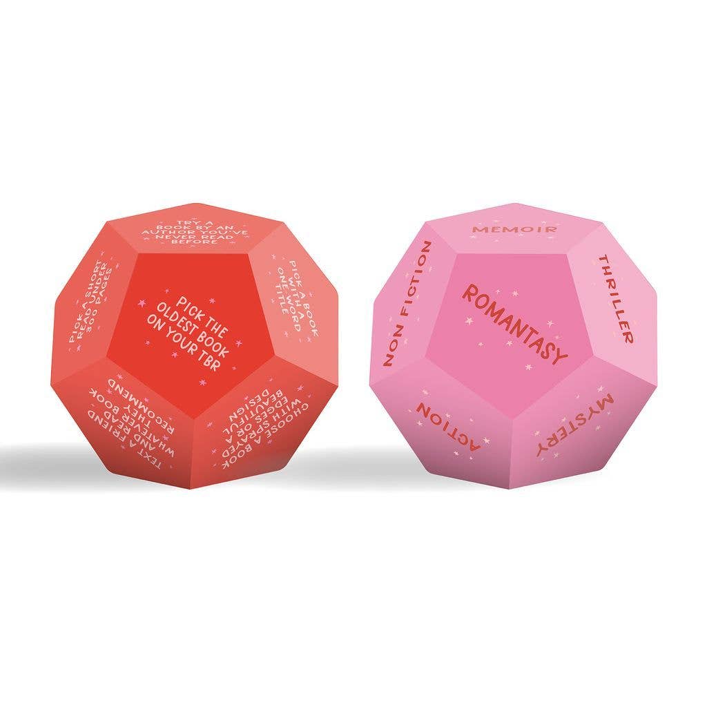 Two red and pink dodecahedron dice on a white background