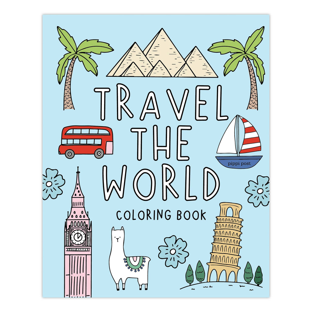 Coloring book cover with travel-themed illustrations and 'Travel the World' text on a light blue background.