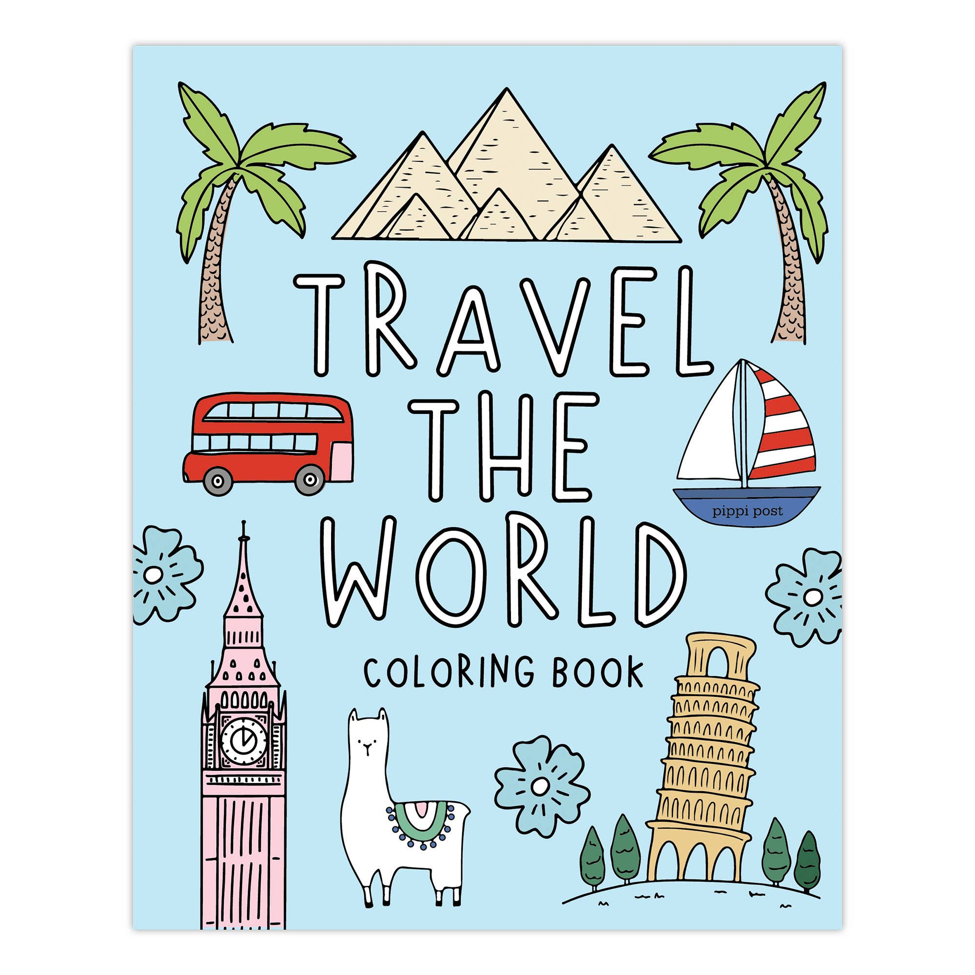 Coloring book cover with travel-themed illustrations and 'Travel the World' text on a light blue background.