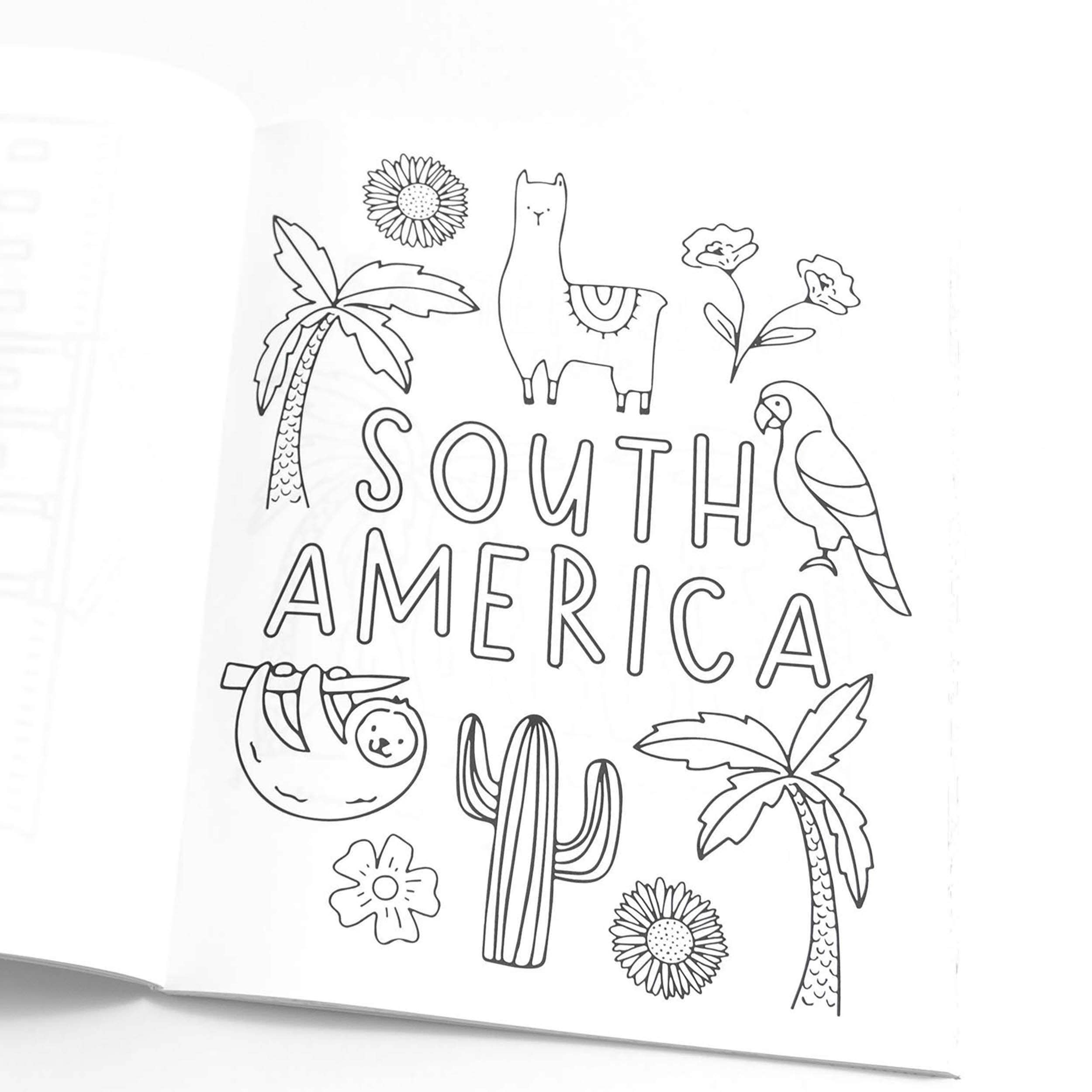 Black and white illustration of South America with animals and plants on a white background