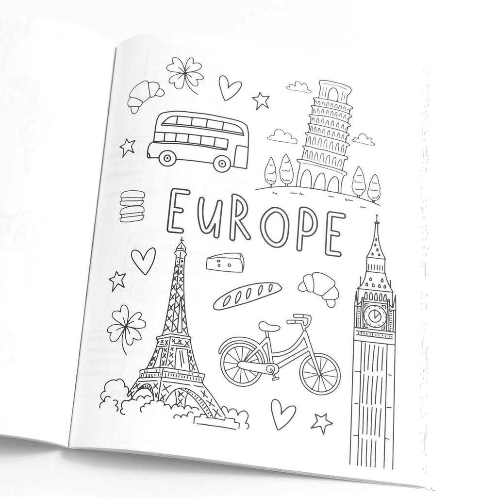 Coloring book page with black line art illustrations of European landmarks on a white background.