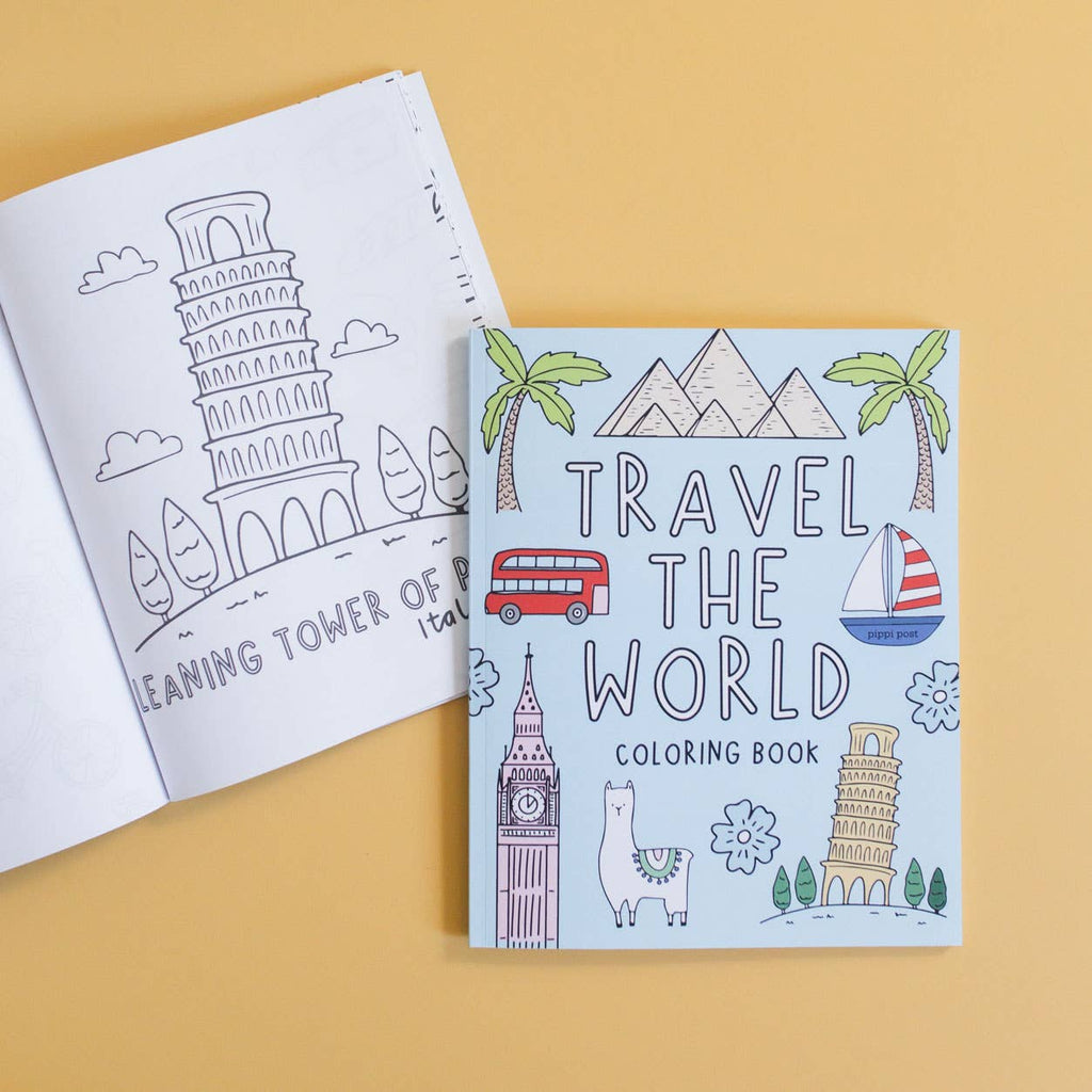 Coloring book with travel-themed illustrations on a yellow background