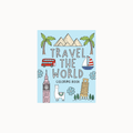 A coloring book cover titled 'Travel the World Coloring Book' featuring hand-drawn illustrations of London, Egypt, and other travel landmarks on a light blue background.