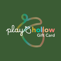 Play Hollow Gift Card digital graphic on a dark green background, featuring a colorful gradient gift tag outline and the text 'play hollow Gift Card' in white, teal, and coral colors.