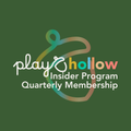 A digital graphic on a dark green background featuring the text 'play&hollow Insider Program Quarterly Membership' with a stylized outline logo in a teal-to-gold gradient.