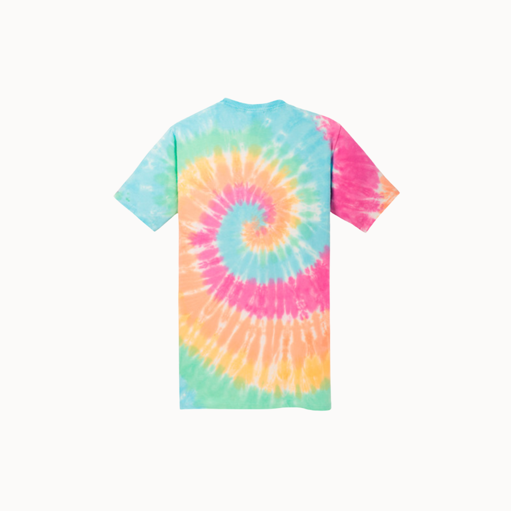 A short-sleeve tie-dye t-shirt with a vibrant spiral pattern in pink, yellow, orange, and light blue, shown against a plain off-white background.