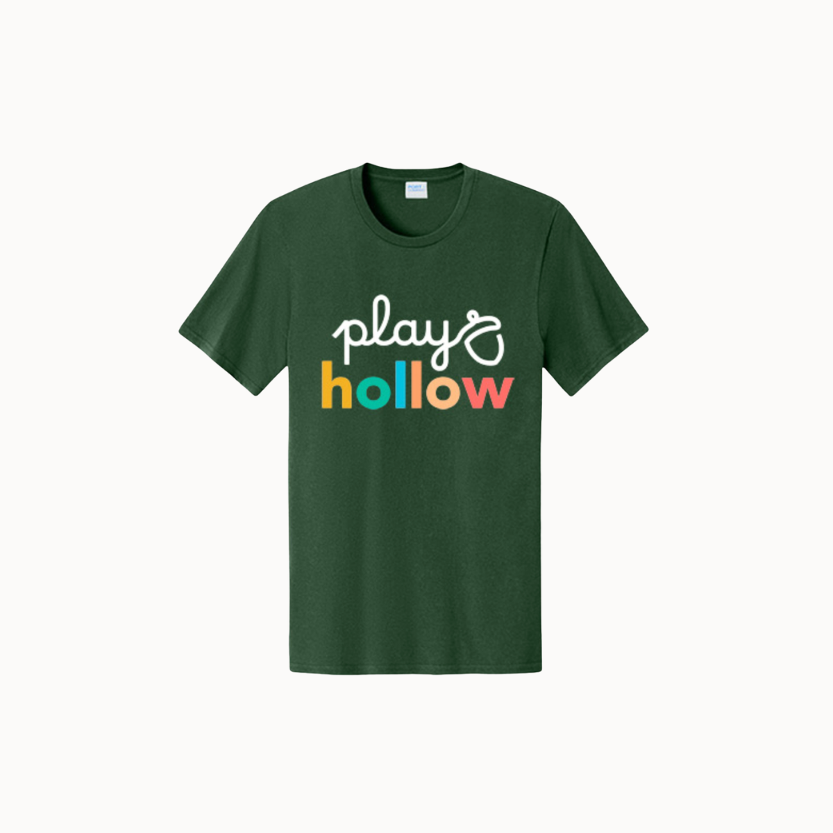A dark green short-sleeve t-shirt with a colorful graphic on the chest that reads 'play hollow' in white and pastel rainbow colors, displayed on a clean off-white background.