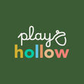 The logo for 'play & hollow' is centered on a solid dark green background. The text features 'play &' in a white cursive font, and 'hollow' in bold, multicolored lowercase letters (yellow, teal, blue, peach, coral pink).