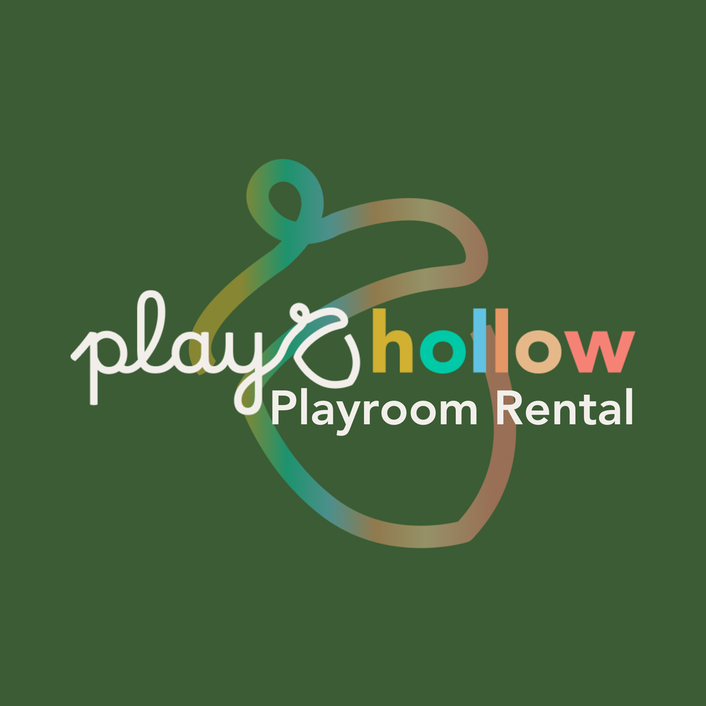 A digital logo for 'play&hollow Playroom Rental' on a solid dark green background. The logo features a stylized, abstract outline of a playroom in a teal-to-cream gradient, with the words 'play&hollow' in white and multicolor lettering, and 'Playroom Rental' in white sans-serif text below.