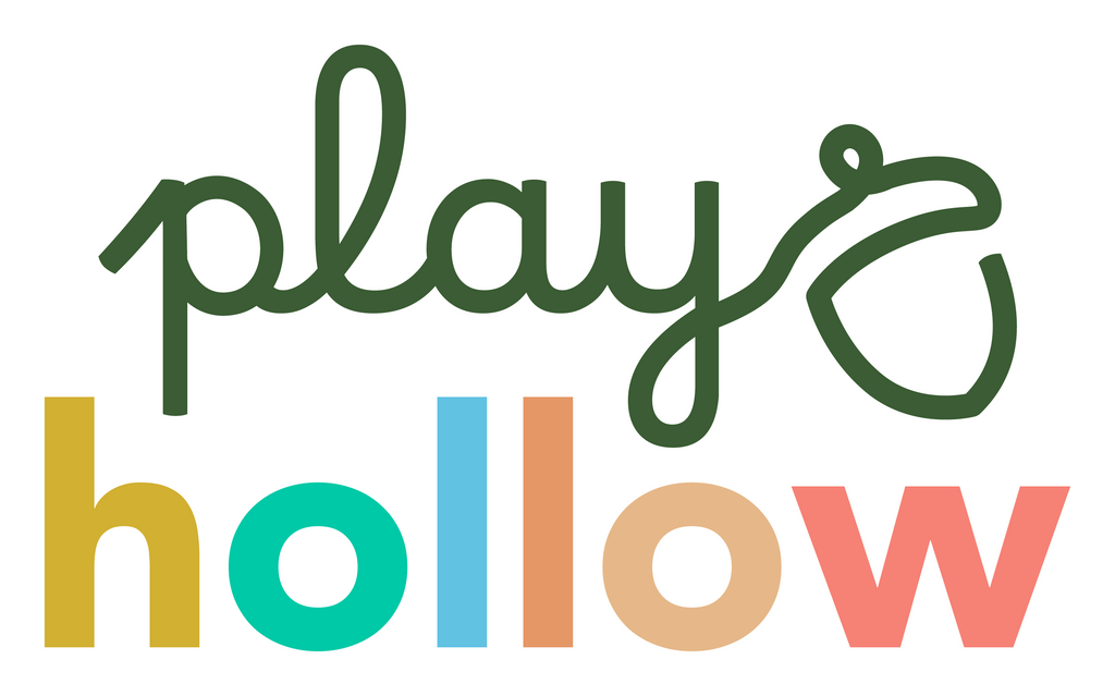 The logo for 'play & hollow' features the word 'play' in dark green cursive script above the word 'hollow' in bold, multicolored lowercase letters (yellow, teal, light blue, peach, coral pink) on a solid white background.