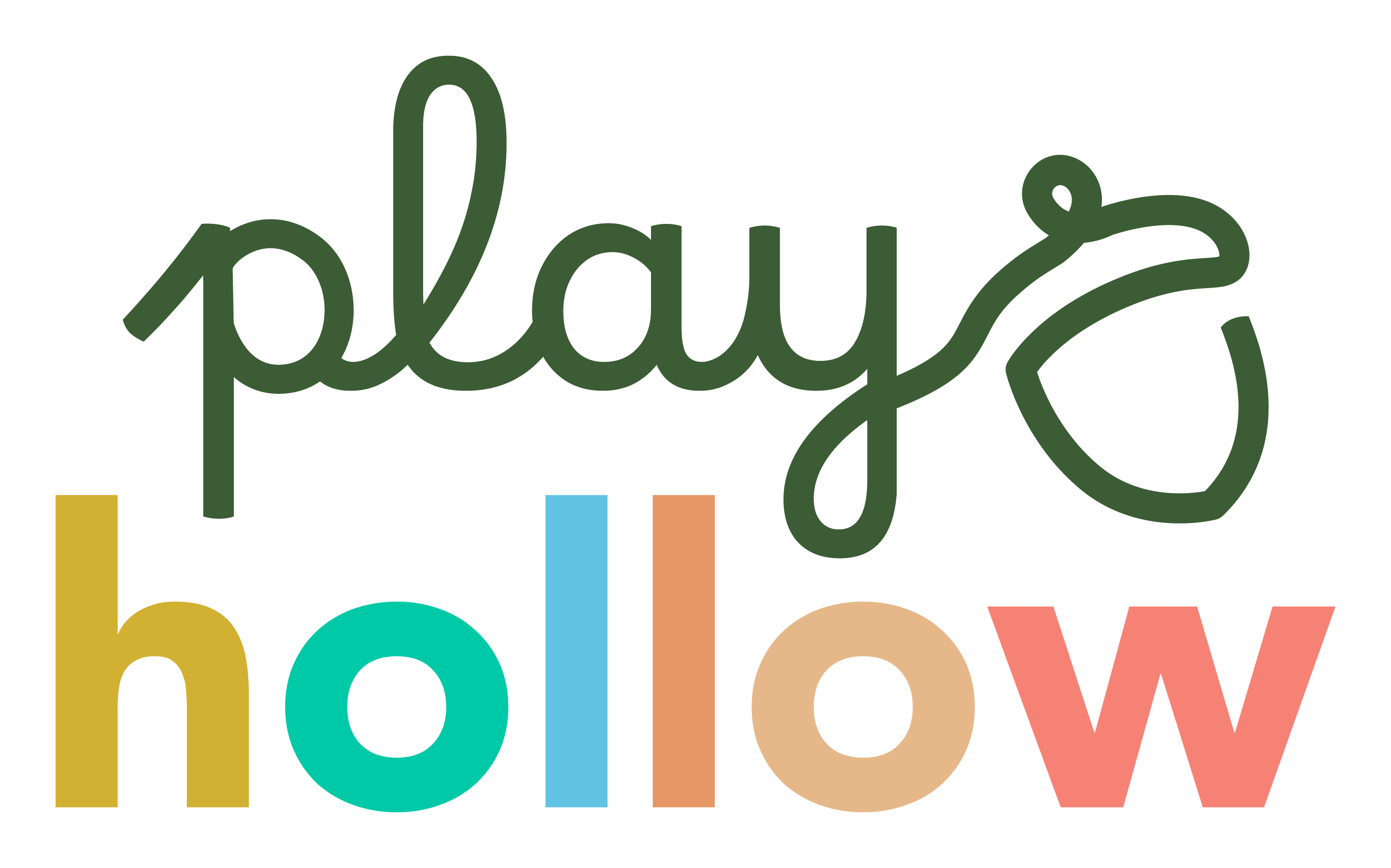 The logo for 'play & hollow' features the word 'play' in dark green cursive script above the word 'hollow' in bold, multicolored lowercase letters (yellow, teal, light blue, peach, coral pink) on a solid white background.