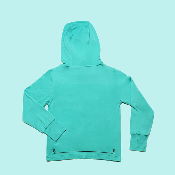 Teal hoodie on a light blue background