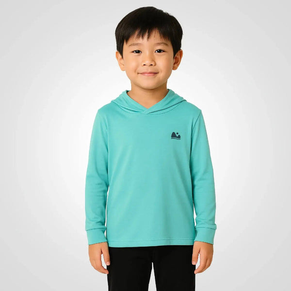 Child wearing a teal hoodie with a logo on a white background