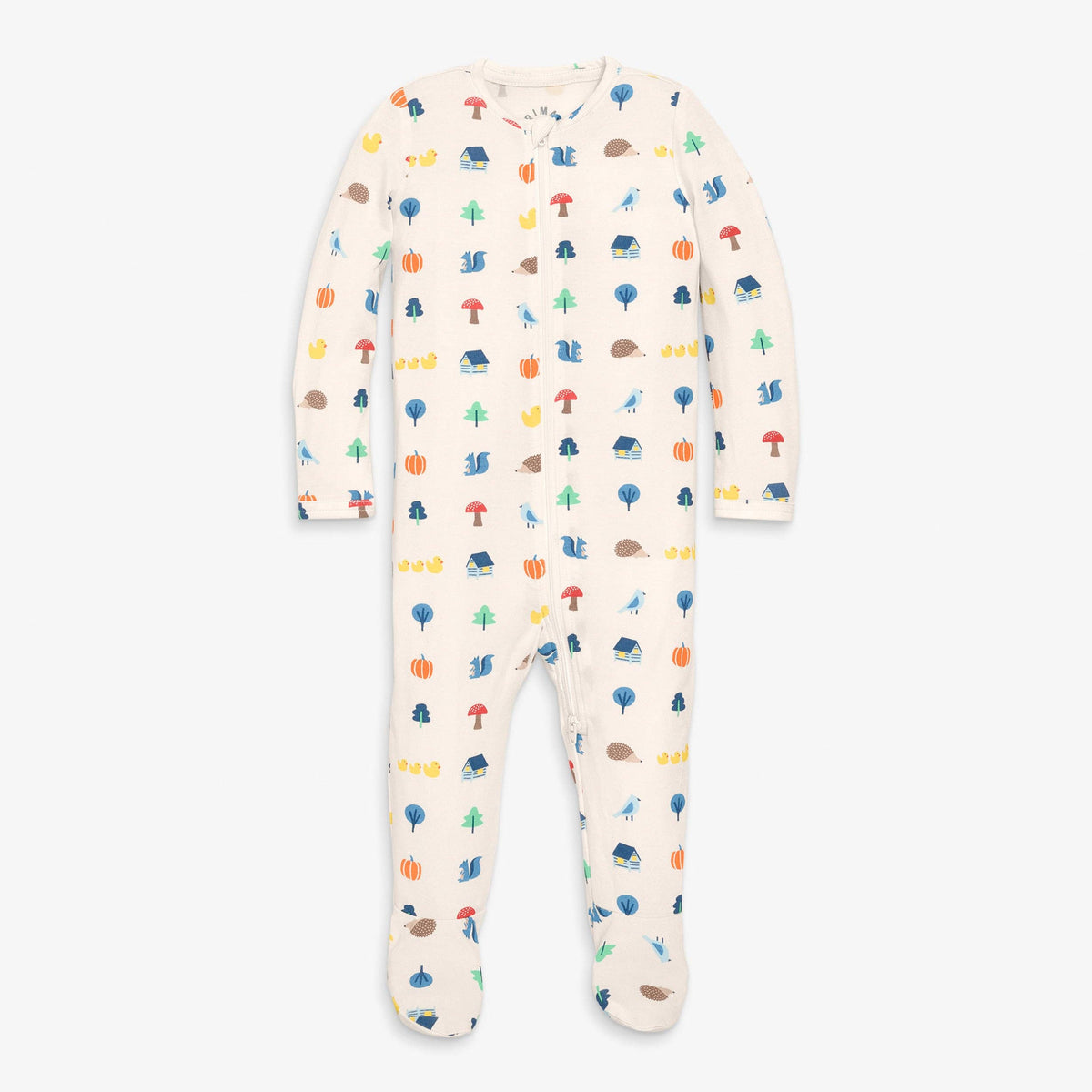 A baby footed sleeper in cream with a colorful forest pattern of trees, mushrooms, and acorns, shown against a light gray background.