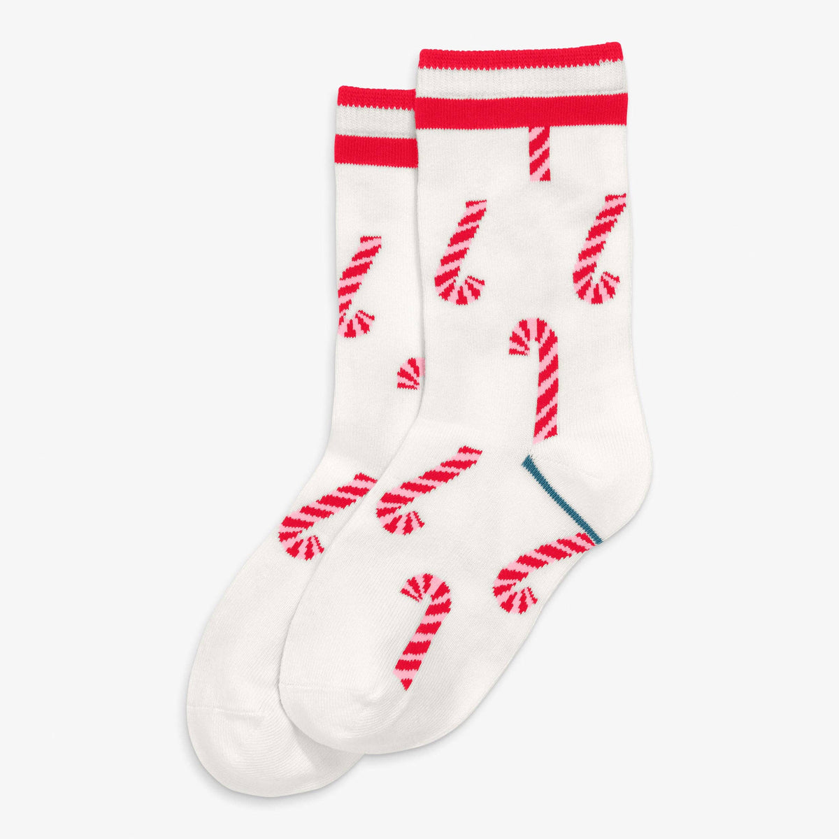 A pair of white crew socks with a red and white candy cane pattern and red ribbed cuffs, displayed against a light gray background.