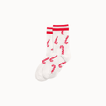 A pair of white crew socks with a red candy cane pattern and red ribbed cuffs, displayed against a light gray background.