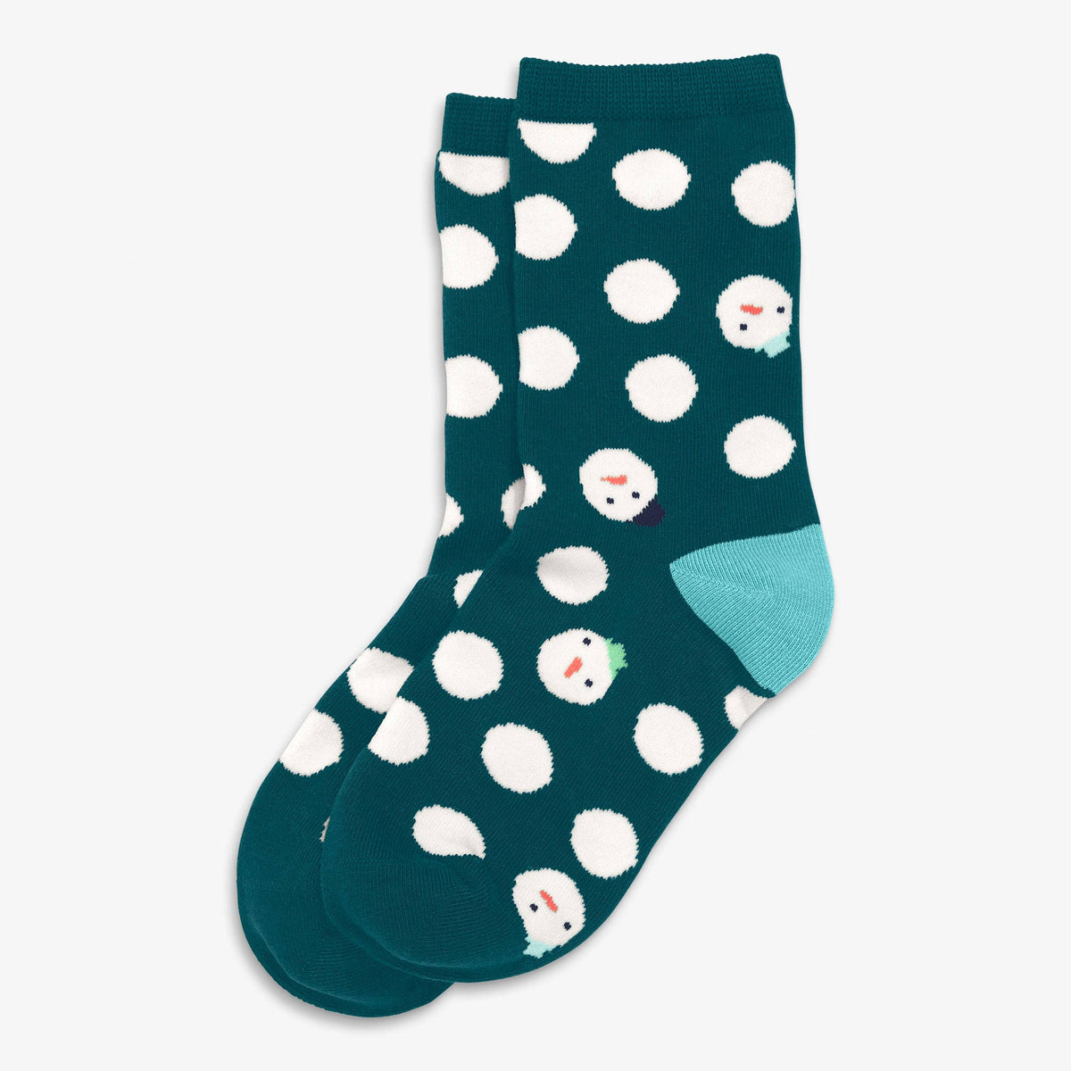 A pair of dark teal crew socks with white polka dots, featuring cute snowman faces and a light blue heel accent, displayed on a clean white background.